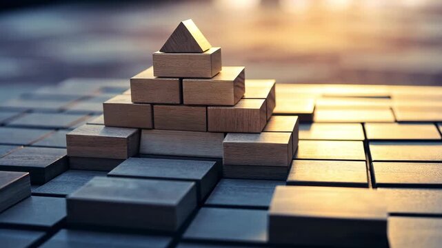 Wooden blocks are arranged to form a pyramid shape against a backdrop of a sunset, focusing on the simple construction process