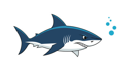 Naklejka premium Large blue great white shark with an angry expression and sharp teeth swimming through the water with bubbles.