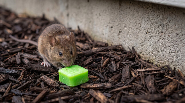Brown rat inspecting green poisoned bait block on garden mulch. Deratization process and rodent control measures in residential area. Pest management and sanitation service concept.