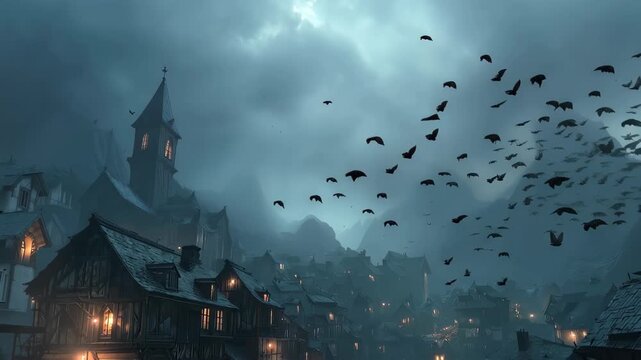 Spooky village at twilight with flying bats above dark rooftops and moody skies