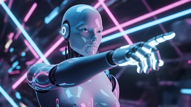 A futuristic humanoid robot with a smooth, white exterior points forward amidst a vibrant, neon-lit environment, suggesting advanced technology and a digital future.