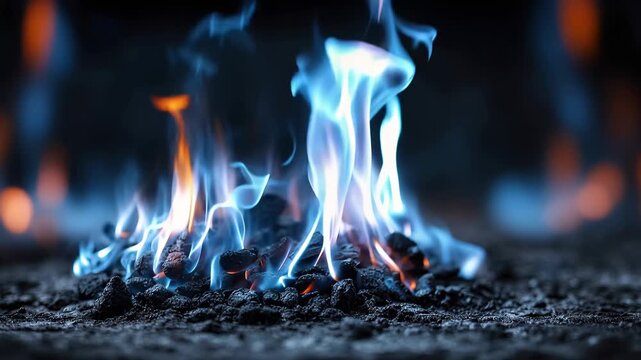 Blue fire flame from butane gas creates vivid visuals on a dark background in a dynamic display of energy and movement