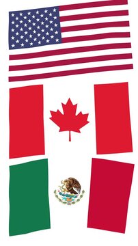 Three countries flags, USA, Mexico, and Canada, are horizontally flying together in the vertical frame animation