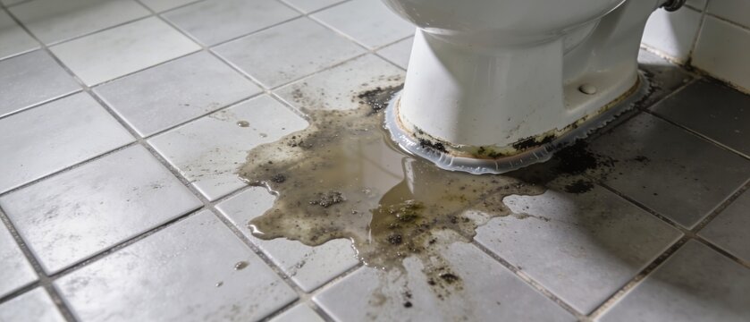 Po&ccedil;a de &aacute;gua suja vazando da base do vaso sanit&aacute;rio no piso do banheiro. Conceito de emerg&ecirc;ncia e problema de encanamento