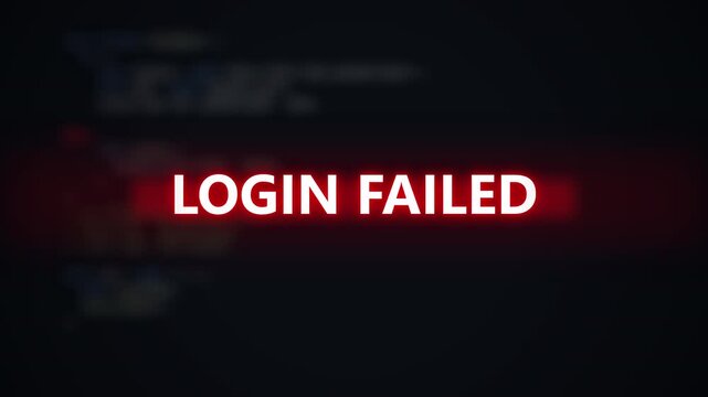 Login failed alert with bold red glowing text. Dark cinematic background with blurred interface. Authentication error and access denied concept. Cybersecurity and digital threat theme.