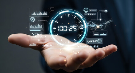 Naklejka premium Futuristic holographic interface displaying timer and financial data projections over open palm symbolizing innovation technology and future success