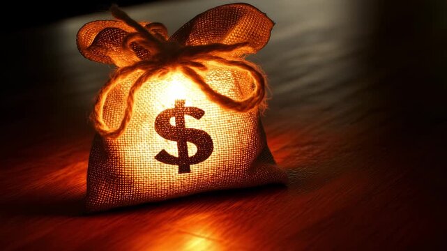 A bag with a dollar sign emits light in a dark area, highlighting its shape and texture while creating a warm glow