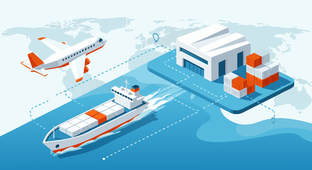 Fototapeta premium Global logistics and supply chain transportation, including air, sea, and land shipping services