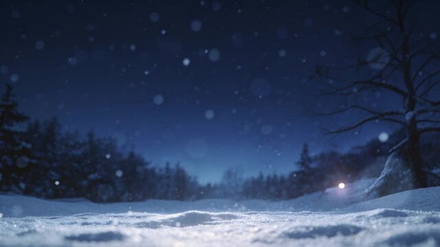 Vertical video: Falling first flakes, snowfield sparkling at night with warm light and bokeh
