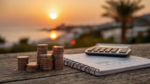 Blank desk calendar with stacks of coins and a receipt among planning tools at sunset by the beach during evening hours
