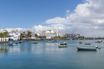 Charco de San Gines, the laguna at the city of Arrecife, capital of Lanzarote with fisher boats, Canary Islands © travelview