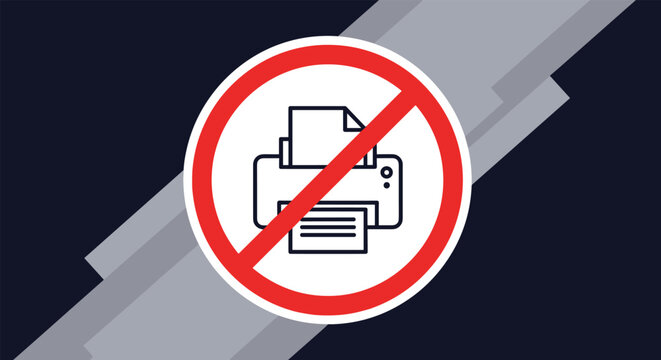 Circular red sign with a diagonal slash over a black printer icon placed against a dark background with geometric gray shapes for office rules.