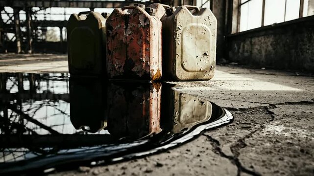Oil cans leak in abandoned industrial building or Leaking oil barrels sit on cracked factory floor