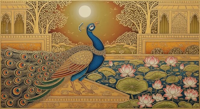Majestic Peacock Amidst Lotus Pond and Mughal Architecture.