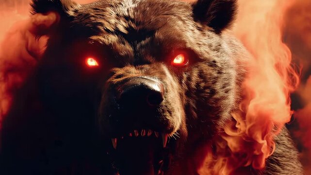 Fierce hellhound prowling in darkness with glowing red eyes piercing through smoke
