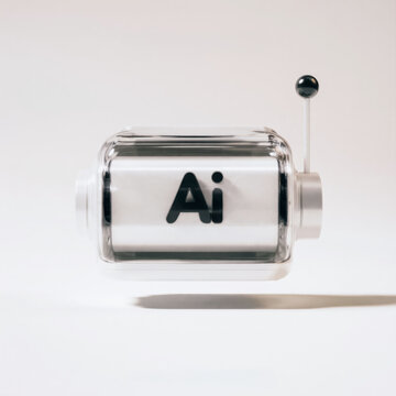Minimalist 3D Render of Transparent Glass Capsule Container With AI Letters Inside on Clean White Studio Background