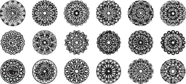 Set of black and white mandala designs on white