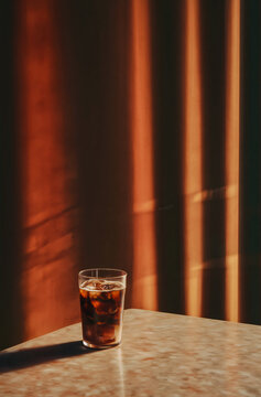 Glass of Cola With Ice Cubes on Wooden Table in Warm Sunlight With Dramatic Shadows and Soft Curtain Background