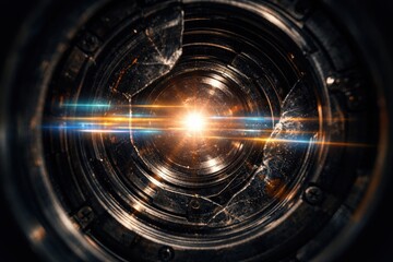 Obraz premium Close Up of Damaged Glass Optical Element Inside a Metallic Lens Barrel with Light Flare