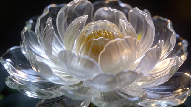 Pushing camera and shifting lights revealing glass lotus on mirror tabletop to reveal golden center