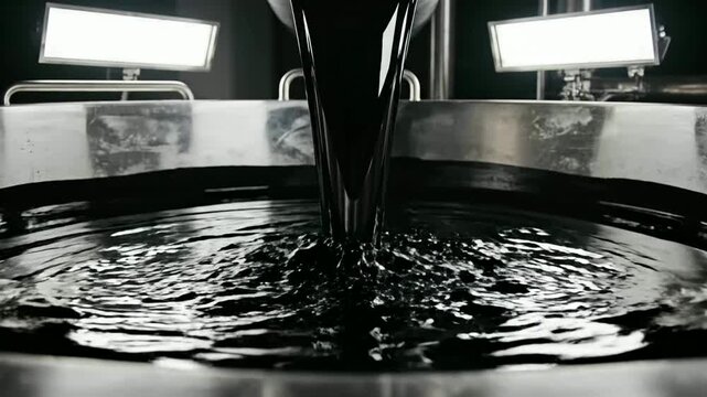 Crude oil pours into a large metal tank in a refinery or Petroleum flows into industrial container symbolizing fossil fuels or Black liquid flows into a reservoir representing energy resource