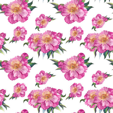 floral seamless pattern with peonies, watercolor illustration for fabric, dishes, packaging, and postcards