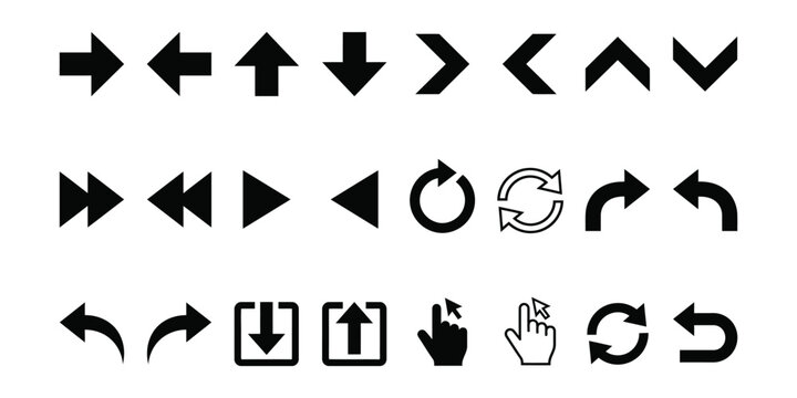 Arrow and interface icons set, chevrons, refresh, undo redo, pointer hand, black vector