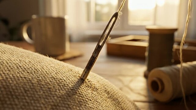 Sewing with needle and thread.