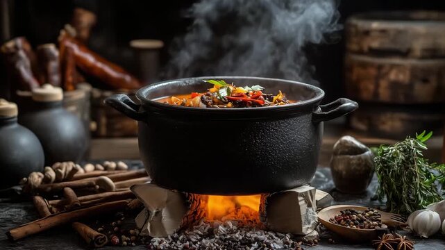 A dish is being prepared in a pot over an open flame with smoke rising, surrounded by various spices and herbs