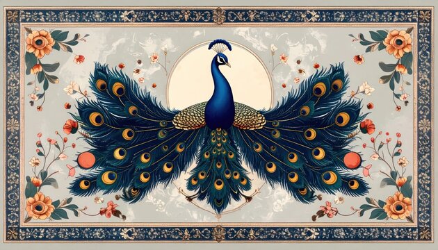 Majestic Peacock Displaying Its Vibrant Plumage Amidst Floral Borders.