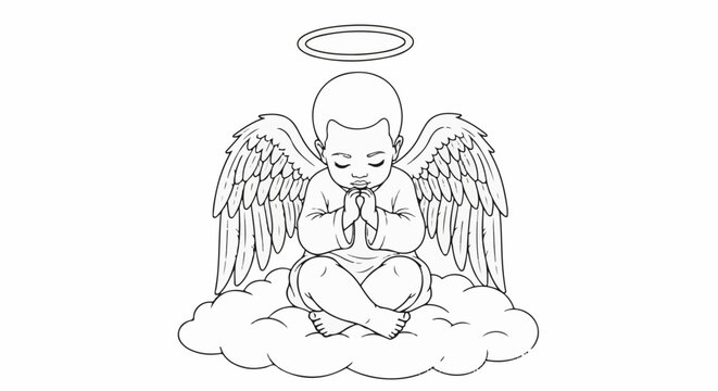 A Black baby angel with wings and halo sits praying on a cloud