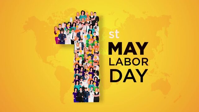 Happy labor day concept poster. Large group of people form to create number 1 on yellow background as labour day is celebrated on 1st of may. 4K Video Animation.