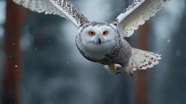 Snowy owl in flight with wings spread over a winter landscape with falling snow in a forest setting