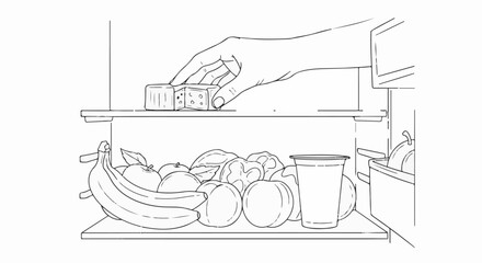 Obraz premium Hand placing cheese cubes into an open refrigerator filled with fruits and a cup