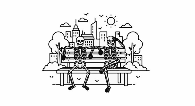 Two skeletons sit on a park bench enjoying a sunny day in the city