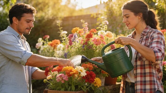 Tilting plaid woman pouring green-can water while blue-shirt man guiding rose, tending yard planter