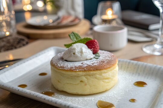 Fluffy japanese souffle pancake served on a clean white rectangular plate topped with a dollop of fresh whipped cream and a single ripe red raspberry with green mint leaves sprinkled with powdered sug
