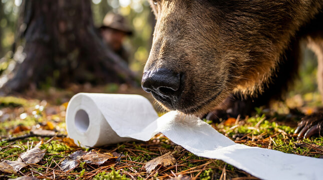 A comical situation on a hike. A huge wild bear sniffs toilet paper while a frightened hiker hides behind a tree.