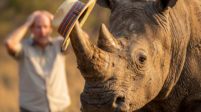 A funny scene on an African safari: a huge rhino took a straw hat from a tourist