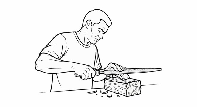 A man uses a rasp to shape a wooden block