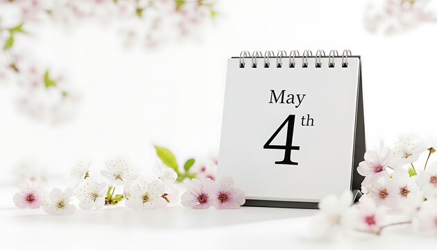 Elegant desktop calendar showing May 4th amidst soft white spring blossoms, celebrating new beginnings, Early May Bank Holiday