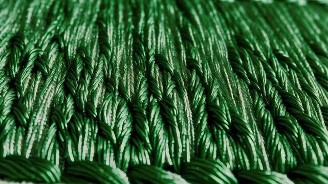 Shifting camera revealing textile on table, showing braided white seam and red-green satin stitches