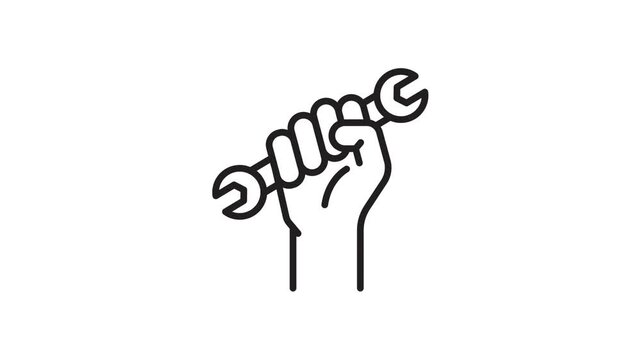 Mechanic hand holding wrench line icon animation on white background