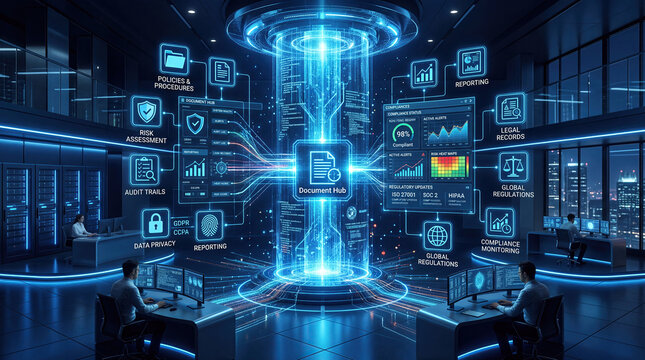 Regulation compliance financial technology rule advice concept. Futuristic data center with glowing interfaces and digital analysis.