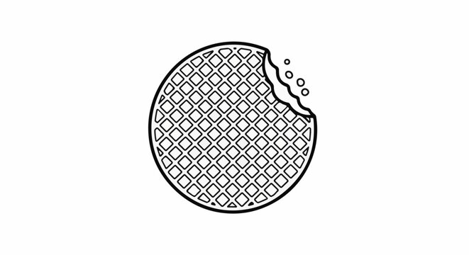 A simple, black and white line drawing of a circular waffle with a bite taken out