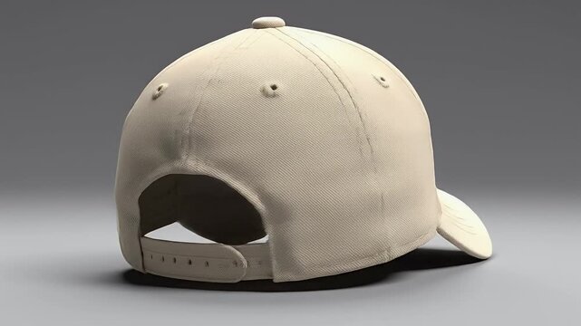 A close-up studio shot showcases a clean, beige baseball cap resting on a neutral gray surface, highlighting its simple design and texture.