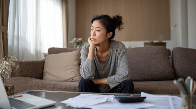 Tired young woman of Asian descent sits on a sofa, worried about bills and taxes at home