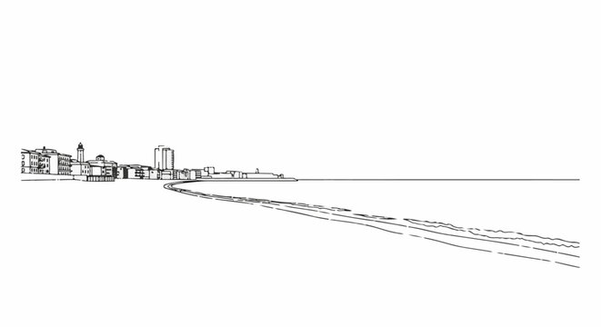 A simple black and white sketch shows a coastal city with buildings and a long beach