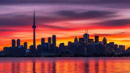 Fototapeta premium Toronto's skyline at dusk offering a scenic view with colorful reflections on the water