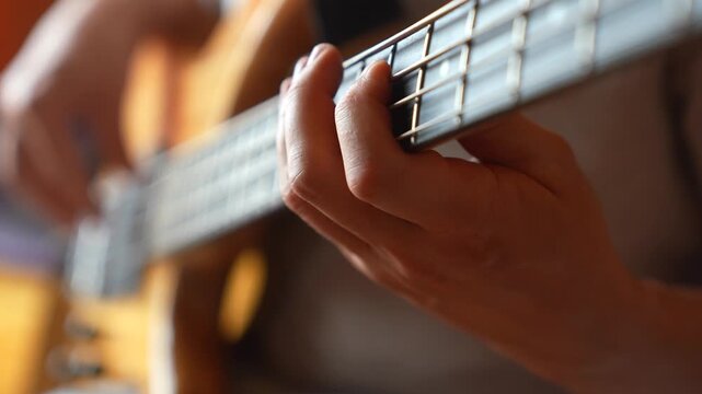 A man plays a bass guitar, focusing on the strings and his fingers. The man shows concentration while gripping the neck of the bass guitar in his hands.